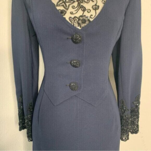 Badgley Mischka Vintage Navy Blue Lace Trim Button Accent Midi Dress - Picture 7 of 16